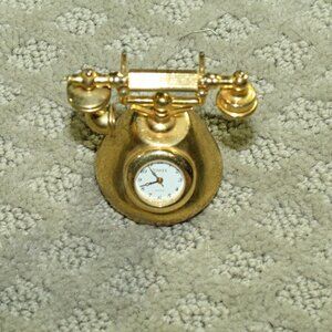 Vintage Timex Miniature Brass Gold Tone Rotary Telephone Shaped Quartz Clock